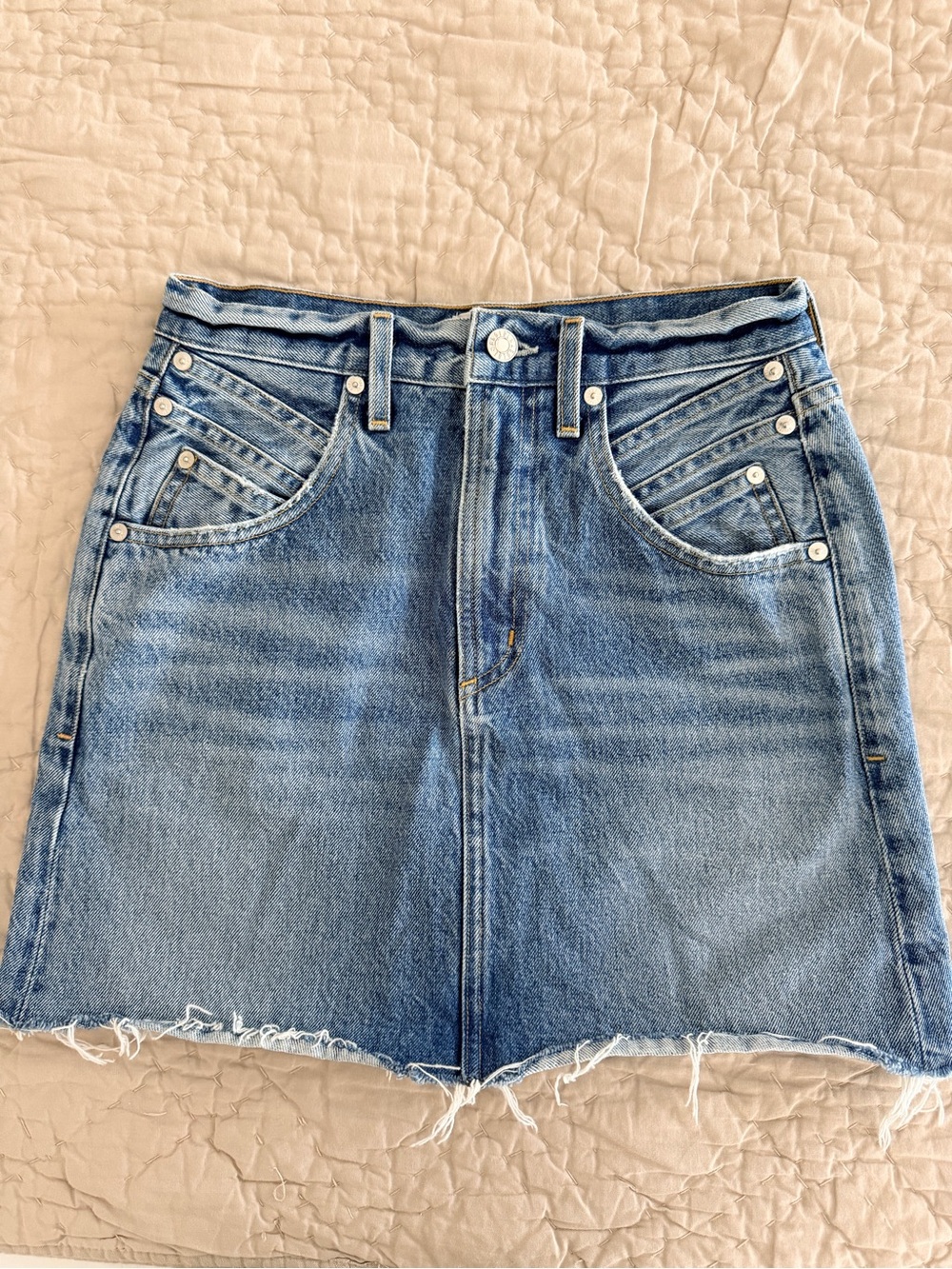Agolde Light Blue Denim Mini Skirt with Raw Hem, Western Feel